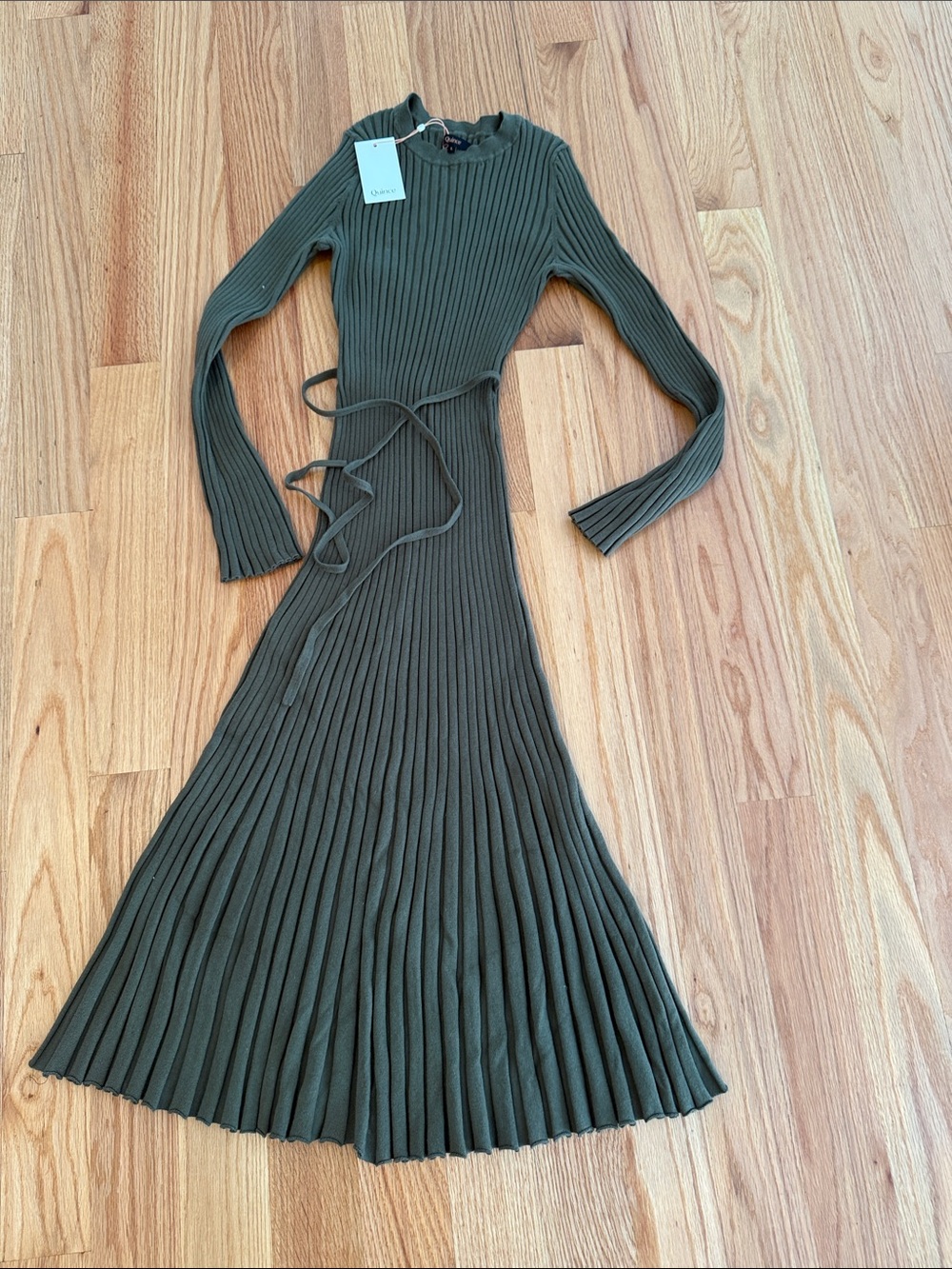 NWT Quince Olive Ribbed Tie-Waist Long-Sleeve Midi Dress